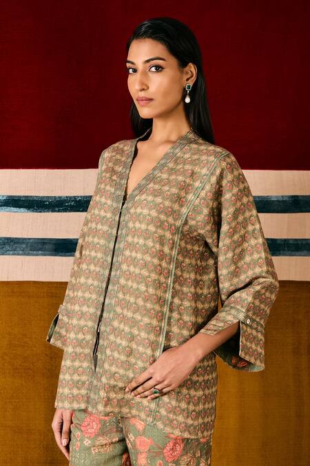 Sue Mue_Multi Color Linen Embroidery, Beads V-neck Top And Pant Set _Online_at_Aza_Fashions