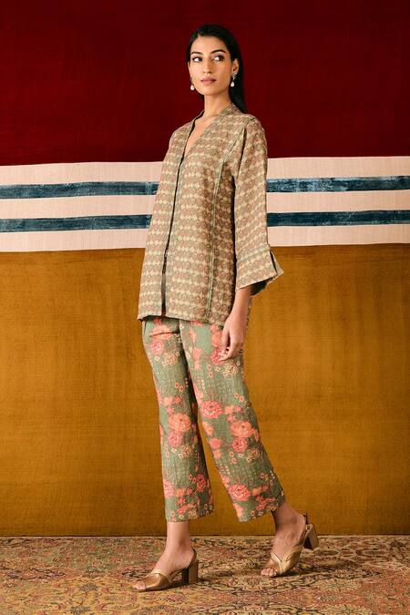 Buy_Sue Mue_Multi Color Linen Embroidery, Beads V-neck Top And Pant Set _Online_at_Aza_Fashions