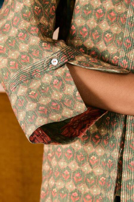 Buy_Sue Mue_Multi Color Linen Embroidery, Beads V-neck Top And Pant Set 