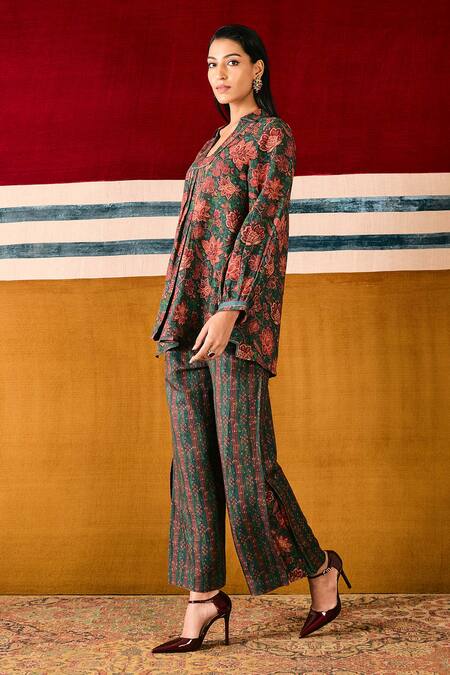 Sue Mue_Green Linen Embroidery, Beads Collared Floral Print Top And Pant Set _Online_at_Aza_Fashions