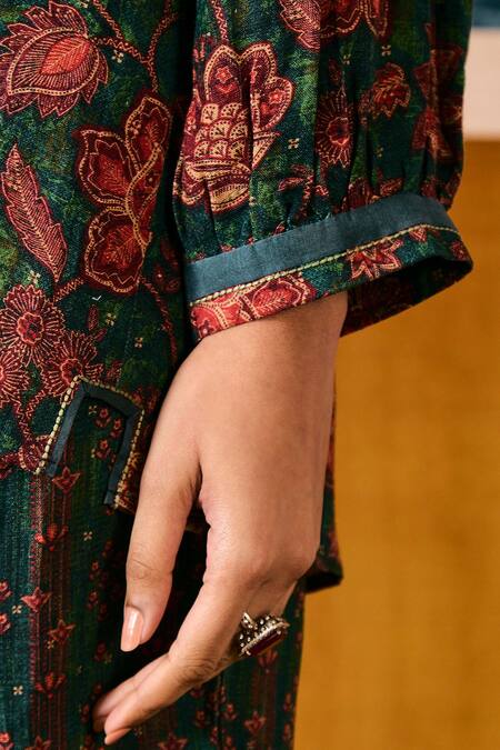 Buy_Sue Mue_Green Linen Embroidery, Beads Collared Floral Print Top And Pant Set _Online_at_Aza_Fashions