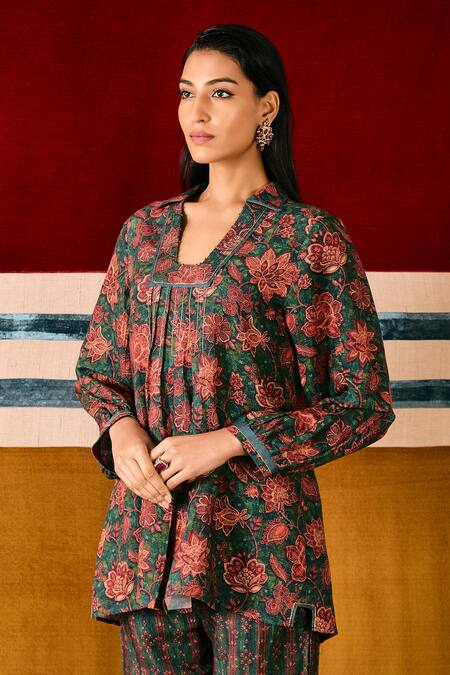 Shop_Sue Mue_Green Linen Embroidery, Beads Collared Floral Print Top And Pant Set _Online_at_Aza_Fashions