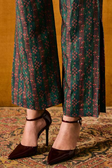 Sue Mue_Green Linen Embroidery, Beads Collared Floral Print Top And Pant Set _at_Aza_Fashions