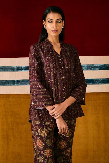 Sue Mue Wine Linen Embroidery, Beads Collared Floral Print Shirt And Pant Set Online at Aza Fashions Sue Mue_Wine Linen Embroidery, Beads Collared Floral Print Shirt And Pant Set _Online_at_Aza_Fashions