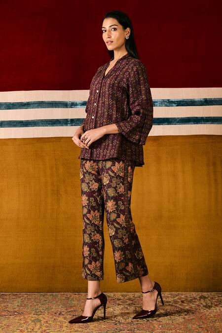 Shop Sue Mue Wine Linen Embroidery, Beads Collared Floral Print Shirt And Pant Set Online at Aza Fashions Shop_Sue Mue_Wine Linen Embroidery, Beads Collared Floral Print Shirt And Pant Set _Online_at_Aza_Fashions