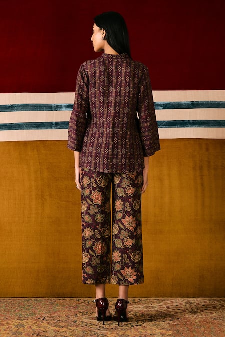 Sue Mue Wine Floral Print Shirt & Pant Set 