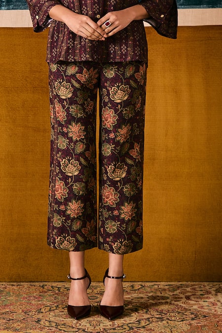 Sue Mue Wine Linen Embroidery, Beads Collared Floral Print Shirt And Pant Set at Aza Fashions Sue Mue_Wine Linen Embroidery, Beads Collared Floral Print Shirt And Pant Set _at_Aza_Fashions