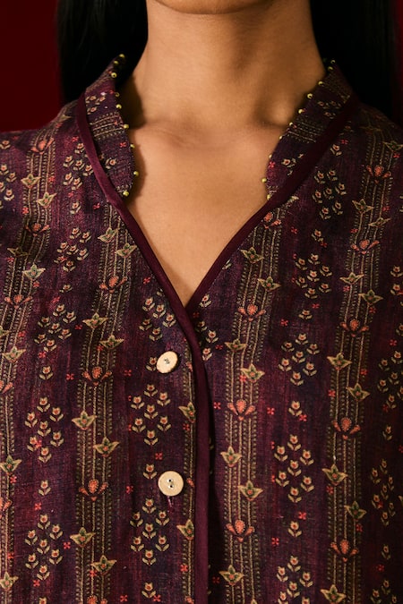 Buy Sue Mue Wine Linen Embroidery, Beads Collared Floral Print Shirt And Pant Set Buy_Sue Mue_Wine Linen Embroidery, Beads Collared Floral Print Shirt And Pant Set