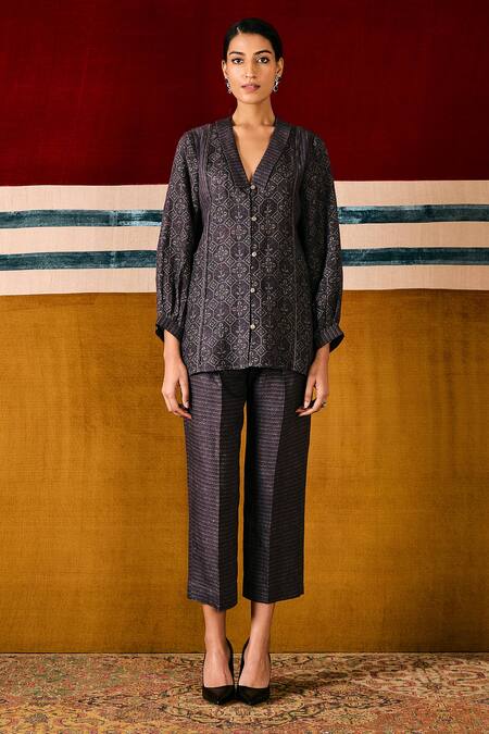 Buy_Sue Mue_Black Pure Linen Geometric, Thread Chelsea Mulberry Print Shirt With Pant _Online_at_Aza_Fashions