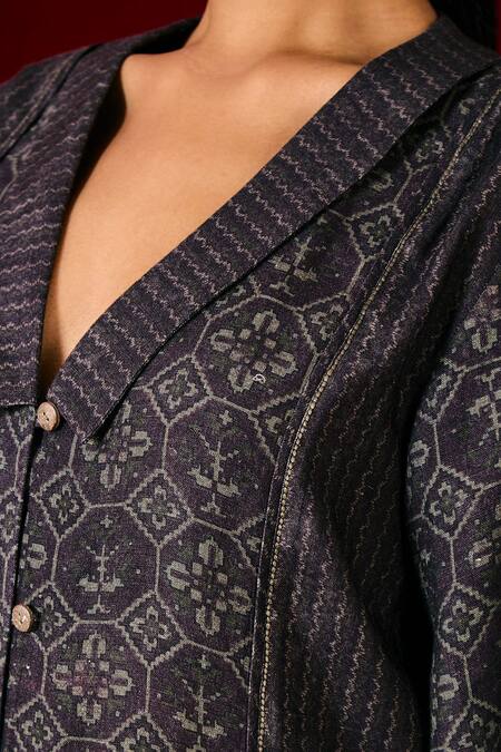 Shop_Sue Mue_Black Pure Linen Geometric, Thread Chelsea Mulberry Print Shirt With Pant _Online_at_Aza_Fashions