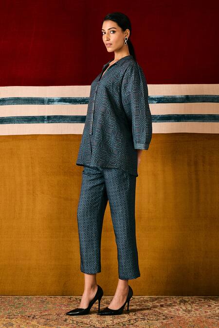 Sue Mue Blue Linen Embroidery Collared Geometric Print Shirt And Pant Set Online at Aza Fashions Sue Mue_Blue Linen Embroidery Collared Geometric Print Shirt And Pant Set _Online_at_Aza_Fashions