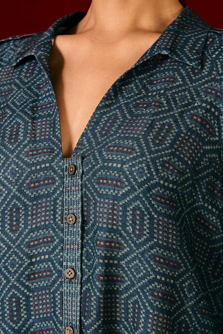 Buy Sue Mue Blue Linen Embroidery Collared Geometric Print Shirt And Pant Set Online at Aza Fashions Buy_Sue Mue_Blue Linen Embroidery Collared Geometric Print Shirt And Pant Set _Online_at_Aza_Fashions