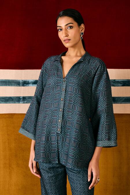 Shop Sue Mue Blue Linen Embroidery Collared Geometric Print Shirt And Pant Set Online at Aza Fashions Shop_Sue Mue_Blue Linen Embroidery Collared Geometric Print Shirt And Pant Set _Online_at_Aza_Fashions