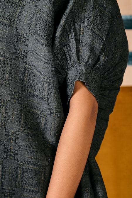 Sue Mue Blue Linen Collared Deep Geometric Print Shirt And Pant Set at Aza Fashions Sue Mue_Blue Linen Collared Deep Geometric Print Shirt And Pant Set _at_Aza_Fashions