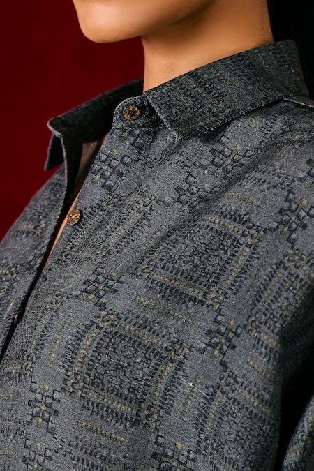 Buy Sue Mue Blue Linen Collared Deep Geometric Print Shirt And Pant Set Buy_Sue Mue_Blue Linen Collared Deep Geometric Print Shirt And Pant Set