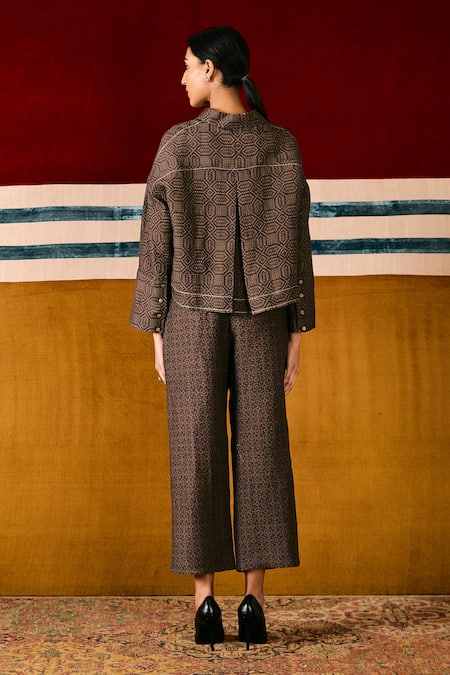 Sue Mue Brown Geometric Print Shirt & Pant Set 