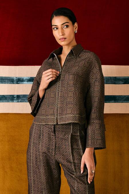 Sue Mue Brown Linen Embroidery Collared Geometric Print Shirt And Pant Set Online at Aza Fashions Sue Mue_Brown Linen Embroidery Collared Geometric Print Shirt And Pant Set _Online_at_Aza_Fashions