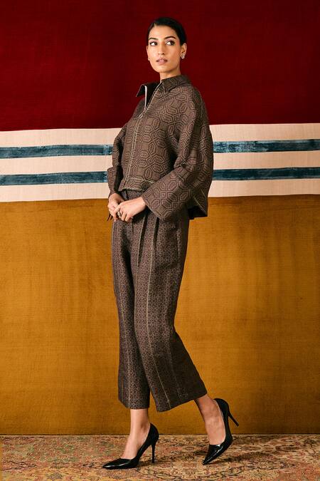 Shop Sue Mue Brown Linen Embroidery Collared Geometric Print Shirt And Pant Set Online at Aza Fashions Shop_Sue Mue_Brown Linen Embroidery Collared Geometric Print Shirt And Pant Set _Online_at_Aza_Fashions