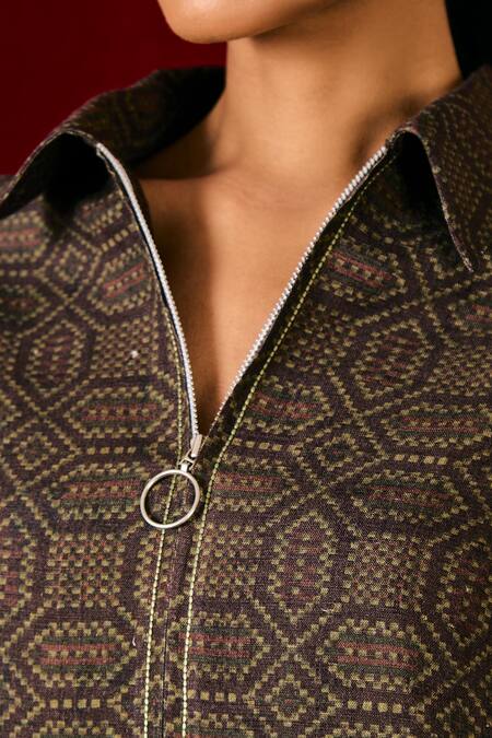 Sue Mue Brown Linen Embroidery Collared Geometric Print Shirt And Pant Set at Aza Fashions Sue Mue_Brown Linen Embroidery Collared Geometric Print Shirt And Pant Set _at_Aza_Fashions