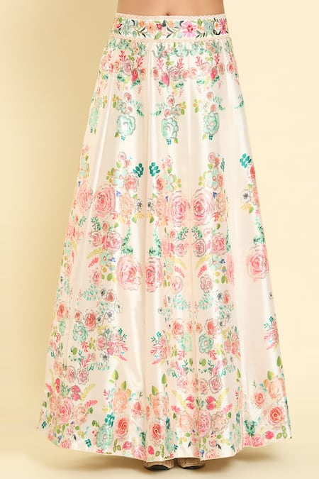 Shop_Samyukta Singhania_Cream Silk, Net Sequins, Zari, Rhinestones, Embroidery Rose Print Lehenga Set 