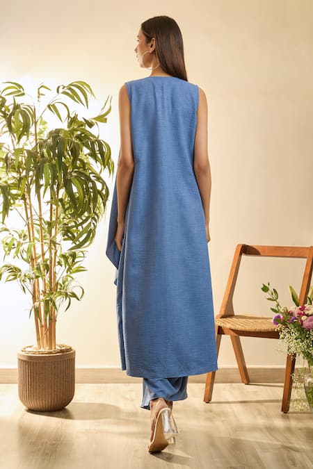 Babita Malkani Blue Turkish Linen Mosaic Floral Cape Open, Top Embroidered Draped Skirt Set Online at Aza Fashions Babita Malkani_Blue Turkish Linen Mosaic Floral Cape Open, Top Embroidered Draped Skirt Set _Online_at_Aza_Fashions