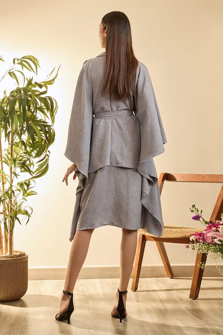 Babita Malkani_Grey Turkish Linen Tassel, Bead, Geometric Embroidered Layered Kaftan Dress _Online_at_Aza_Fashions
