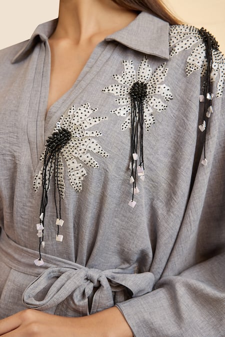 Buy_Babita Malkani_Grey Turkish Linen Tassel, Bead, Geometric Embroidered Layered Kaftan Dress _Online_at_Aza_Fashions