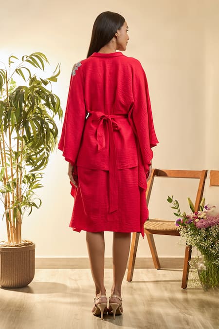 Babita Malkani Red Turkish Linen Tassel, Bead, Geometric Embroidered Layered Kaftan Dress Online at Aza Fashions Babita Malkani_Red Turkish Linen Tassel, Bead, Geometric Embroidered Layered Kaftan Dress _Online_at_Aza_Fashions