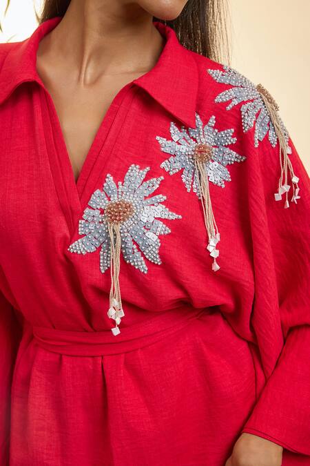 Buy_Babita Malkani_Red Turkish Linen Tassel, Bead, Geometric Embroidered Layered Kaftan Dress _Online_at_Aza_Fashions
