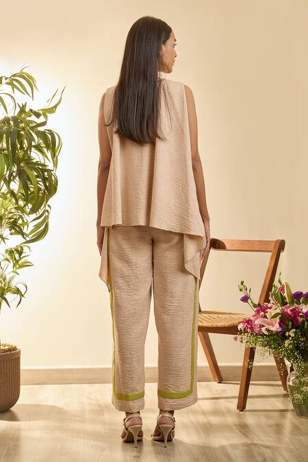 Babita Malkani Beige Linen Embroidery Round Neck Mosaic Floral Tunic And Pant Set Online at Aza Fashions Babita Malkani_Beige Linen Embroidery Round Neck Mosaic Floral Tunic And Pant Set _Online_at_Aza_Fashions