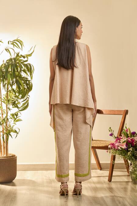 Shop Babita Malkani Beige Linen Embroidery Round Neck Mosaic Floral Tunic And Pant Set Online at Aza Fashions Shop_Babita Malkani_Beige Linen Embroidery Round Neck Mosaic Floral Tunic And Pant Set _Online_at_Aza_Fashions