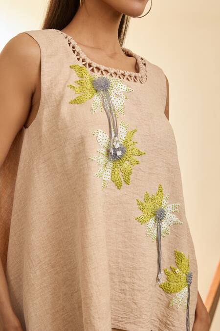 Buy Babita Malkani Beige Linen Embroidery Round Neck Mosaic Floral Tunic And Pant Set Buy_Babita Malkani_Beige Linen Embroidery Round Neck Mosaic Floral Tunic And Pant Set