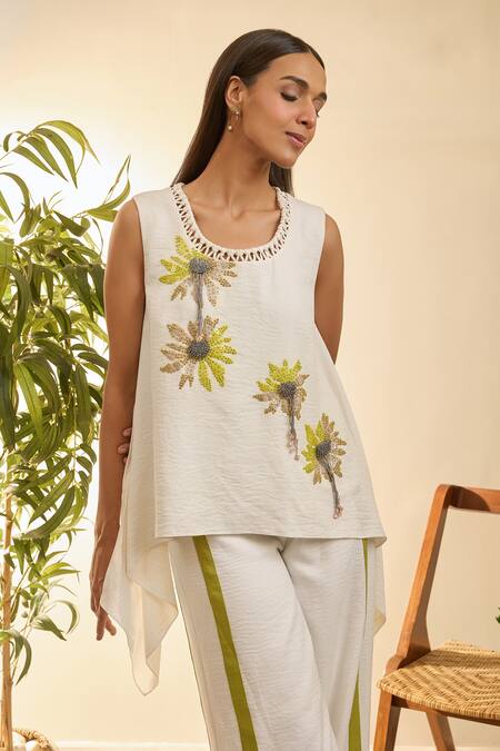 Buy Babita Malkani White Linen Embroidery Round Neck Mosaic Floral Tunic And Pant Set Online at Aza Fashions Buy_Babita Malkani_White Linen Embroidery Round Neck Mosaic Floral Tunic And Pant Set _Online_at_Aza_Fashions