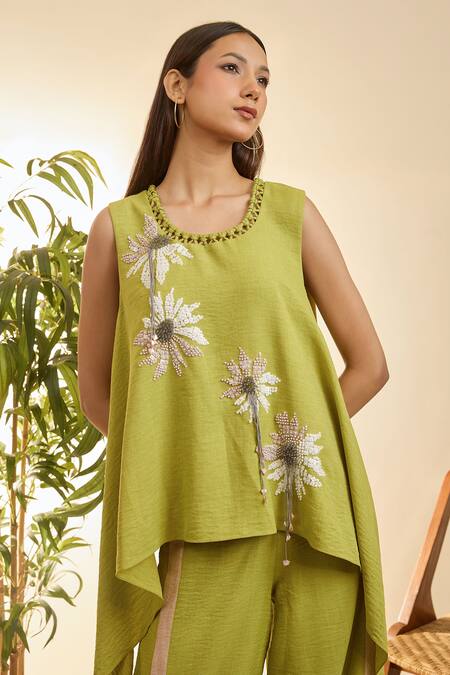 Buy Babita Malkani Green Turkish Linen Mosaic Soft Bloom Embroidered Asymmetric Top With Pant Online at Aza Fashions Buy_Babita Malkani_Green Turkish Linen Mosaic Soft Bloom Embroidered Asymmetric Top With Pant _Online_at_Aza_Fashions
