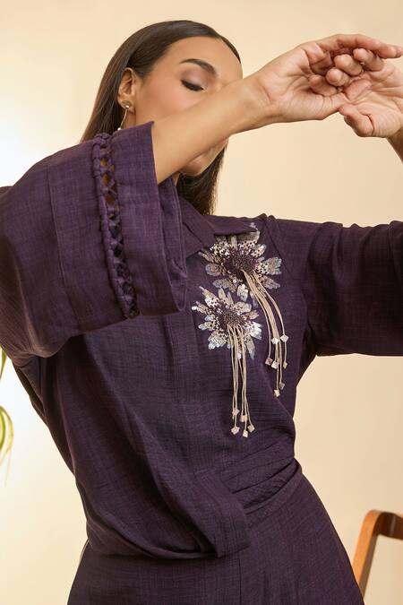 Buy_Babita Malkani_Purple Linen Embroidery, Tassels Collared Mosaic Floral Pant Set _Online_at_Aza_Fashions