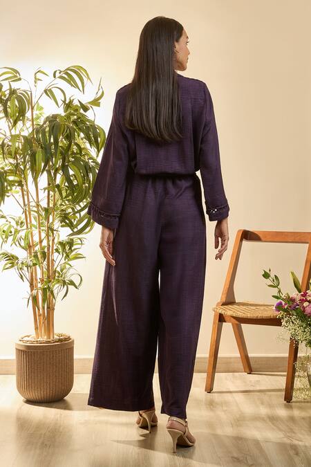 Babita Malkani_Purple Linen Embroidery, Tassels Collared Mosaic Floral Pant Set _Online_at_Aza_Fashions