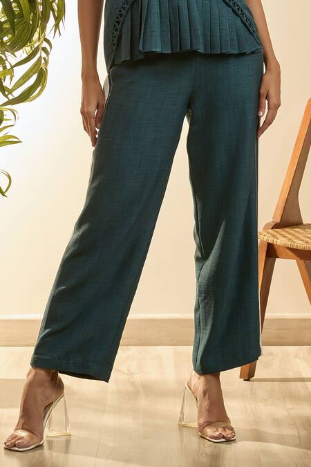 Buy_Babita Malkani_Green Linen Embroidery Collared Mosaic Floral Top And Pant Set _Online_at_Aza_Fashions