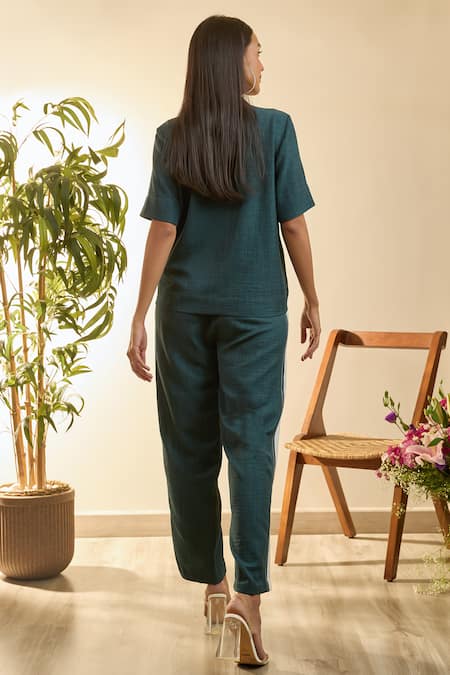 Babita Malkani_Green Linen Embroidery Collared Mosaic Floral Top And Pant Set _Online_at_Aza_Fashions