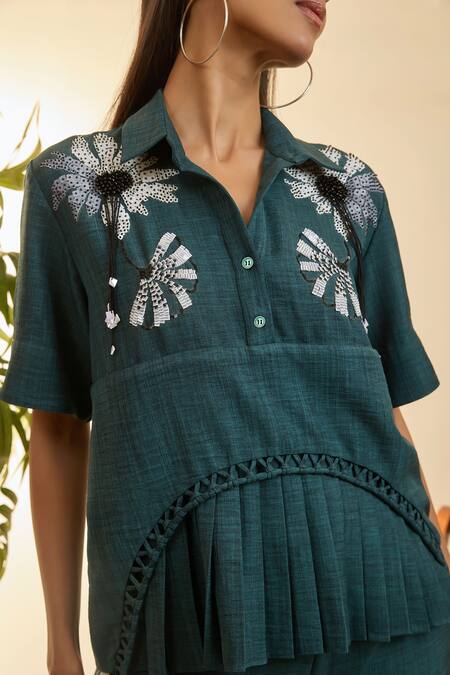 Shop_Babita Malkani_Green Linen Embroidery Collared Mosaic Floral Top And Pant Set _Online_at_Aza_Fashions