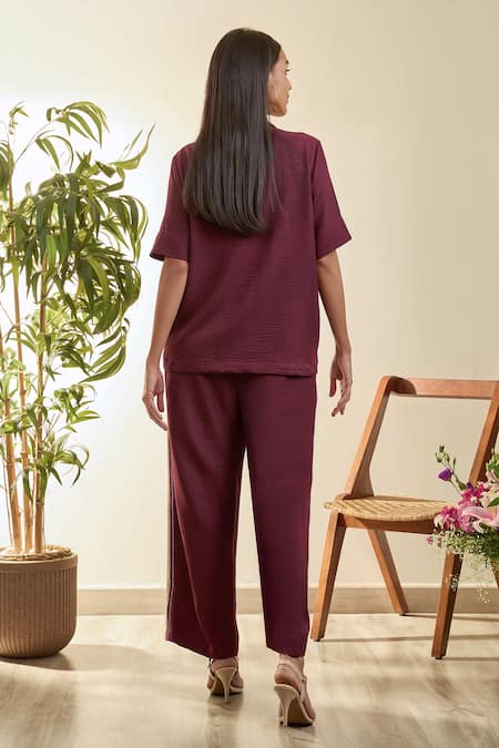 Babita Malkani Maroon Linen Embroidery Collared Mosaic Floral Top And Pant Set Online at Aza Fashions Babita Malkani_Maroon Linen Embroidery Collared Mosaic Floral Top And Pant Set _Online_at_Aza_Fashions