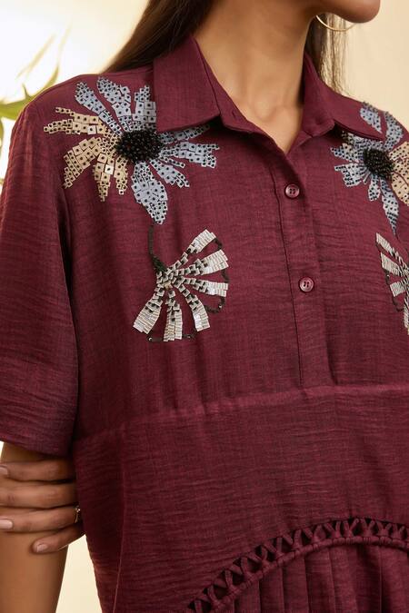 Shop Babita Malkani Maroon Linen Embroidery Collared Mosaic Floral Top And Pant Set Online at Aza Fashions Shop_Babita Malkani_Maroon Linen Embroidery Collared Mosaic Floral Top And Pant Set _Online_at_Aza_Fashions