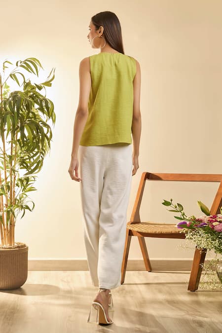 Babita Malkani Green Linen Embroidery Round Neck Mosaic Floral Top And Pant Set Online at Aza Fashions Babita Malkani_Green Linen Embroidery Round Neck Mosaic Floral Top And Pant Set _Online_at_Aza_Fashions