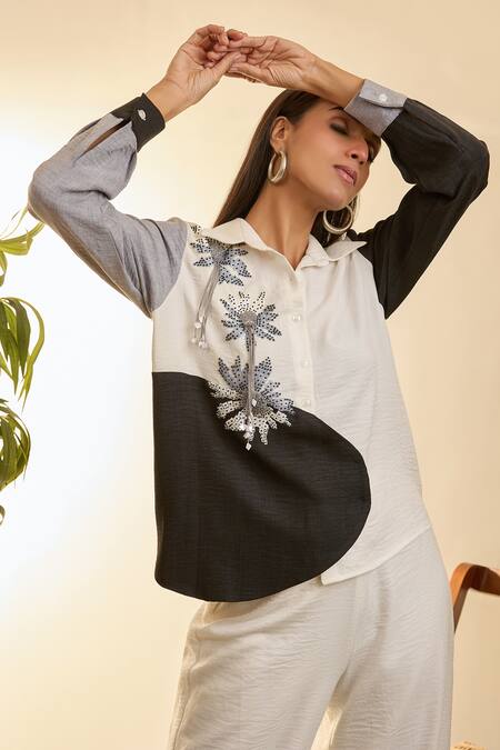 Shop Babita Malkani White Linen Embroidery Collared Mosaic Floral Shirt And Pant Set Online at Aza Fashions Shop_Babita Malkani_White Linen Embroidery Collared Mosaic Floral Shirt And Pant Set _Online_at_Aza_Fashions