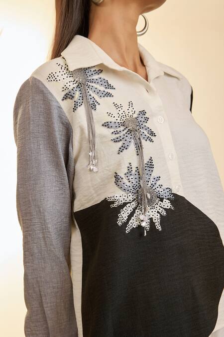 Babita Malkani White Linen Embroidery Collared Mosaic Floral Shirt And Pant Set at Aza Fashions Babita Malkani_White Linen Embroidery Collared Mosaic Floral Shirt And Pant Set _at_Aza_Fashions