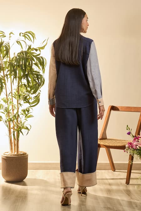 Babita Malkani Blue Linen Embroidery Collared Mosaic Floral Shirt And Pant Set Online at Aza Fashions Babita Malkani_Blue Linen Embroidery Collared Mosaic Floral Shirt And Pant Set _Online_at_Aza_Fashions