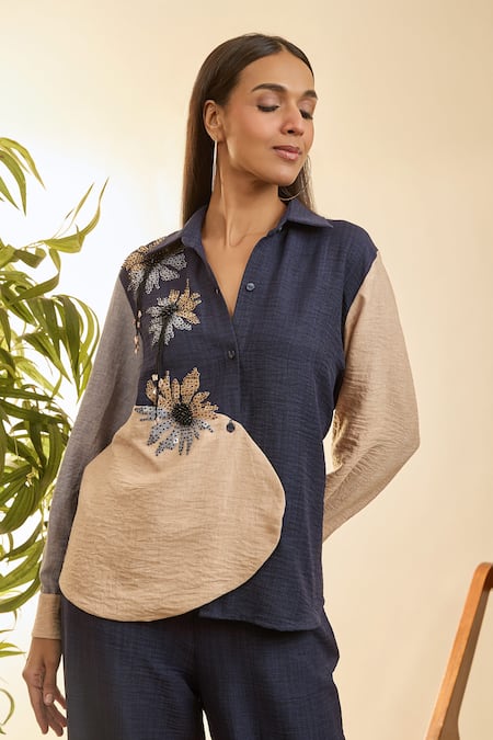 Buy Babita Malkani Blue Linen Embroidery Collared Mosaic Floral Shirt And Pant Set Online at Aza Fashions Buy_Babita Malkani_Blue Linen Embroidery Collared Mosaic Floral Shirt And Pant Set _Online_at_Aza_Fashions