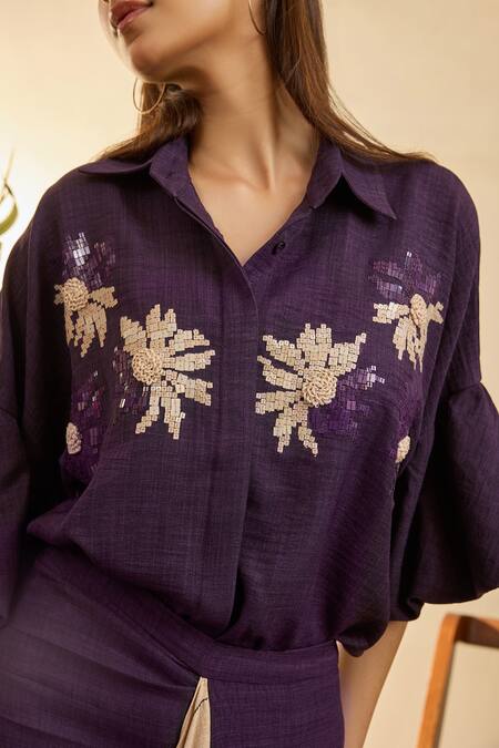 Buy Babita Malkani Purple Turkish Linen Mosaic Floral Smyrna Embroidered Shirt With Draped Skirt Online at Aza Fashions Buy_Babita Malkani_Purple Turkish Linen Mosaic Floral Smyrna Embroidered Shirt With Draped Skirt _Online_at_Aza_Fashions
