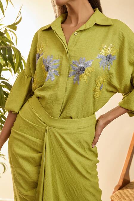 Buy Babita Malkani Green Turkish Linen Mosaic Floral Smyrna Embroidered Shirt And Draped Skirt Set Online at Aza Fashions Buy_Babita Malkani_Green Turkish Linen Mosaic Floral Smyrna Embroidered Shirt And Draped Skirt Set _Online_at_Aza_Fashions