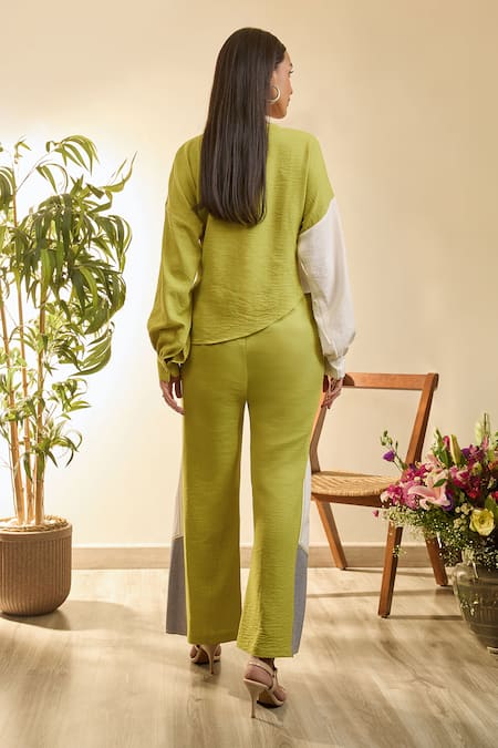 Babita Malkani Green Linen Embroidery Asymmetric Color Block Shirt And Pant Set Online at Aza Fashions Babita Malkani_Green Linen Embroidery Asymmetric Color Block Shirt And Pant Set _Online_at_Aza_Fashions