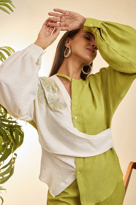Buy Babita Malkani Green Linen Embroidery Asymmetric Color Block Shirt And Pant Set Online at Aza Fashions Buy_Babita Malkani_Green Linen Embroidery Asymmetric Color Block Shirt And Pant Set _Online_at_Aza_Fashions